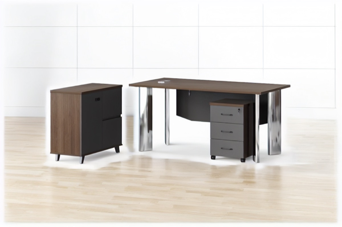 Meja Direktur L-Shape G28 Kaki Chrome + Kabinet — situasi kantor