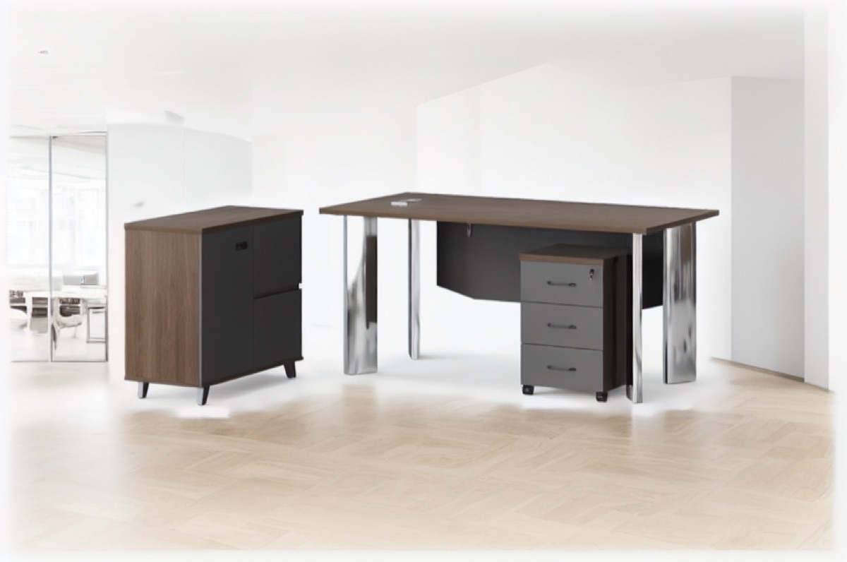 Meja Direktur L-Shape G28 Kaki Chrome + Kabinet — situasi kantor