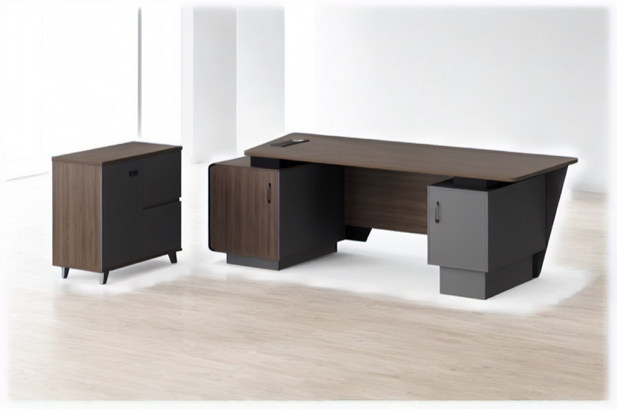 Meja Direktur L-Shape G28 Panel Slat + Kabinet — situasi kantor
