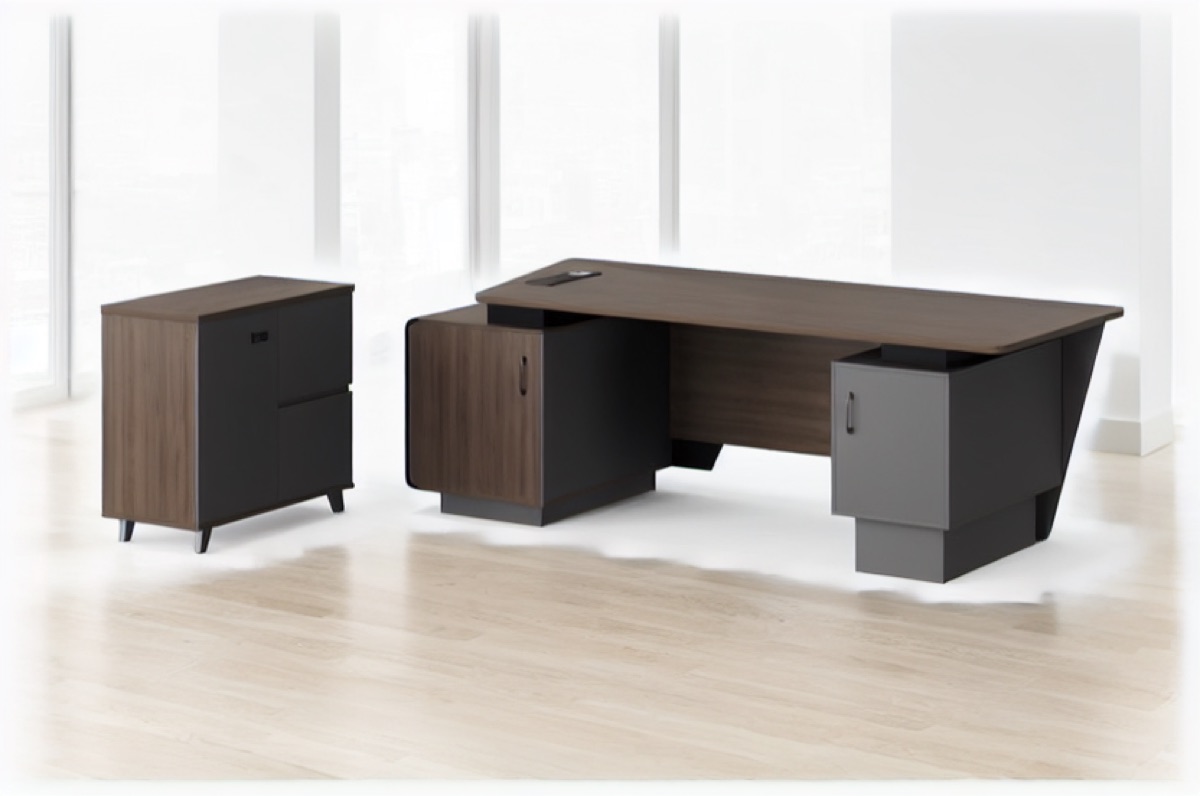 Meja Direktur L-Shape G28 Panel Slat + Kabinet — situasi kantor